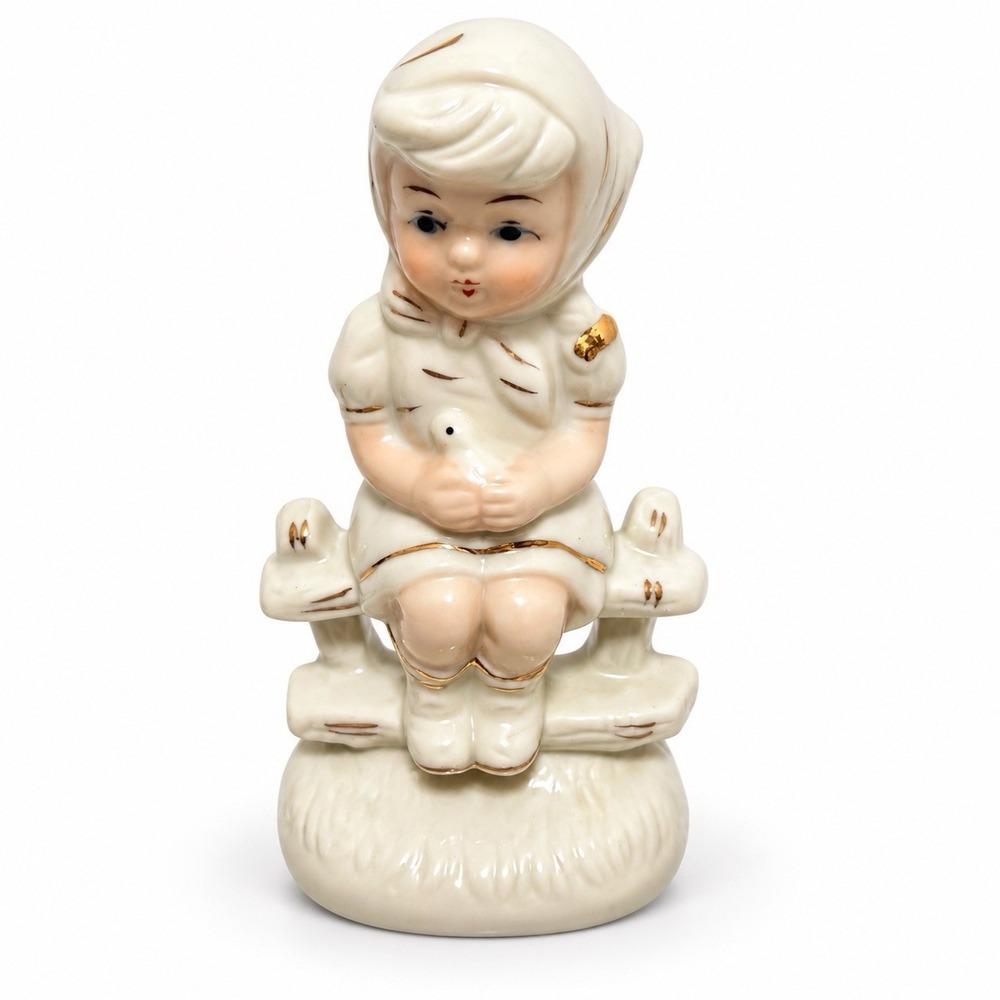 Girl on Fence with Bird Figurine Vintage Porcelain  White Gold Gilt